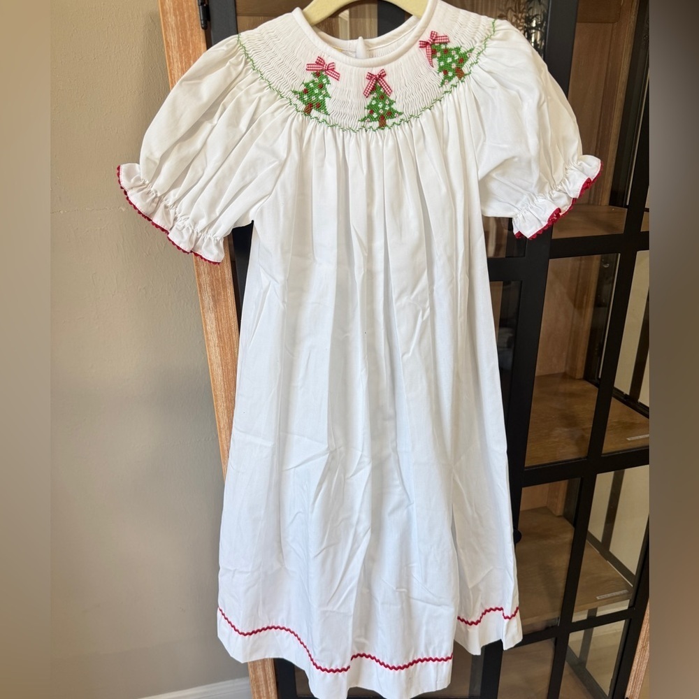 Christmas trees smocked bishop dress ruffle long toddler girl bows embroidered